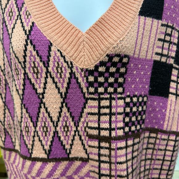 Kate Kasin Womens L Pink Plaid V Neck Sweater Vest Argyle Zig Zag Funky Purple - Picture 4 of 4